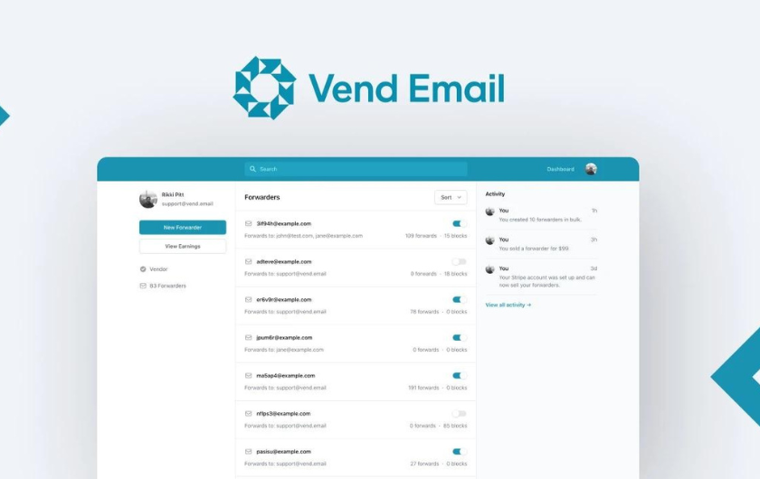 Vend Email  - Forwarding emails you can sell. Anonymous email you can quickly and securely create and transfer. 