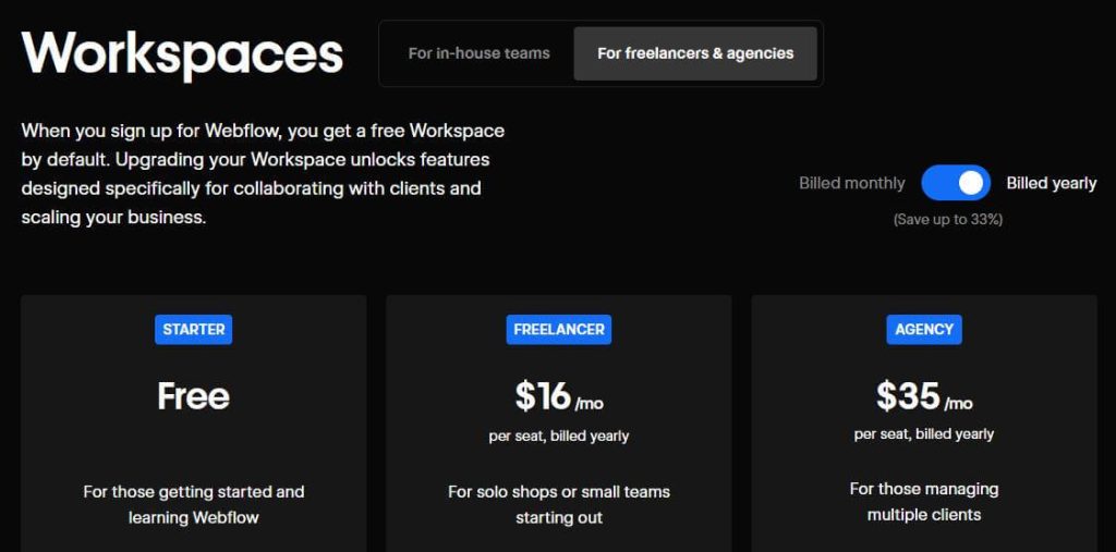 Webflow plan for freelancers and agencies
