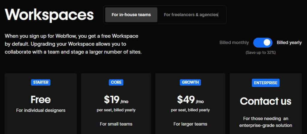 Webflow in house teams workspaces pricing plan