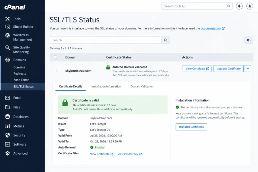 cPanel SSL Certificate Success