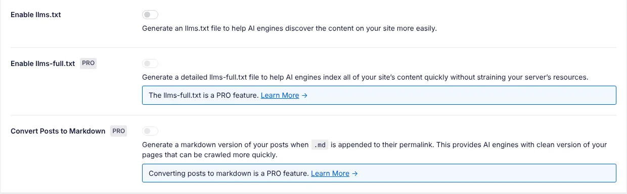 AIOSEO LLMs.txt settings: Enable llms.txt switch, Enable llms-full.txt marked PRO with a note that it is a PRO feature, and Convert Posts to Markdown marked PRO