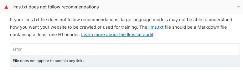 Lighthouse report showing llms.txt does not follow recommendations, with the error File does not appear to contain any links