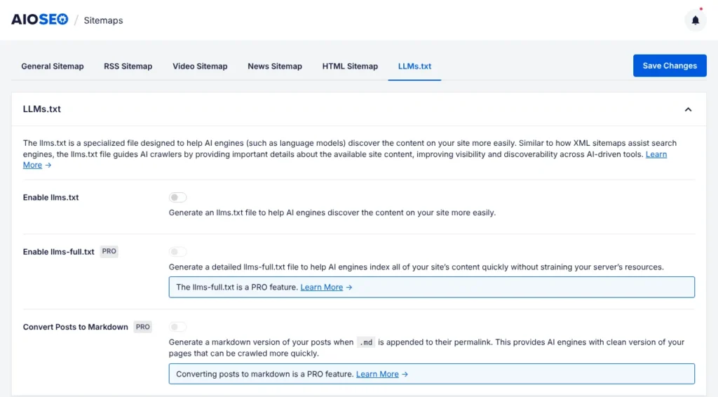 AIOSEO Sitemaps screen on the LLMs.txt tab: the Enable llms.txt switch is off, and Enable llms-full.txt and Convert Posts to Markdown are marked PRO