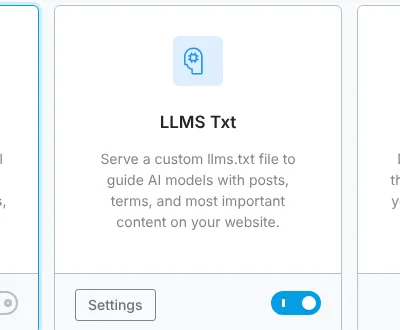 Rank Math LLMS Txt module card with its toggle switched on