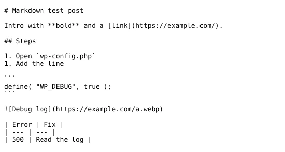 A WordPress test post opened at its .md address, showing the title, a heading, a numbered list, a code block, an image link and a table as plain Markdown
