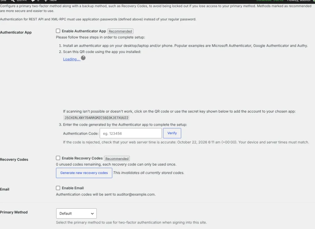 The Two-Factor Options box on our test site's profile screen