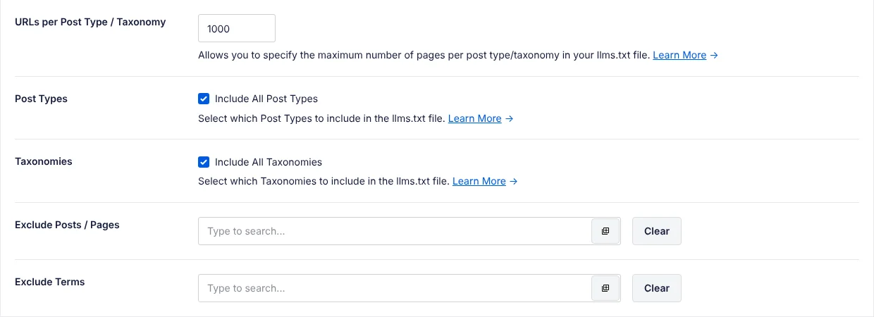 AIOSEO LLMs.txt settings: URLs per Post Type / Taxonomy set to 1000, all post types and taxonomies included, and empty Exclude Posts / Pages and Exclude Terms fields
