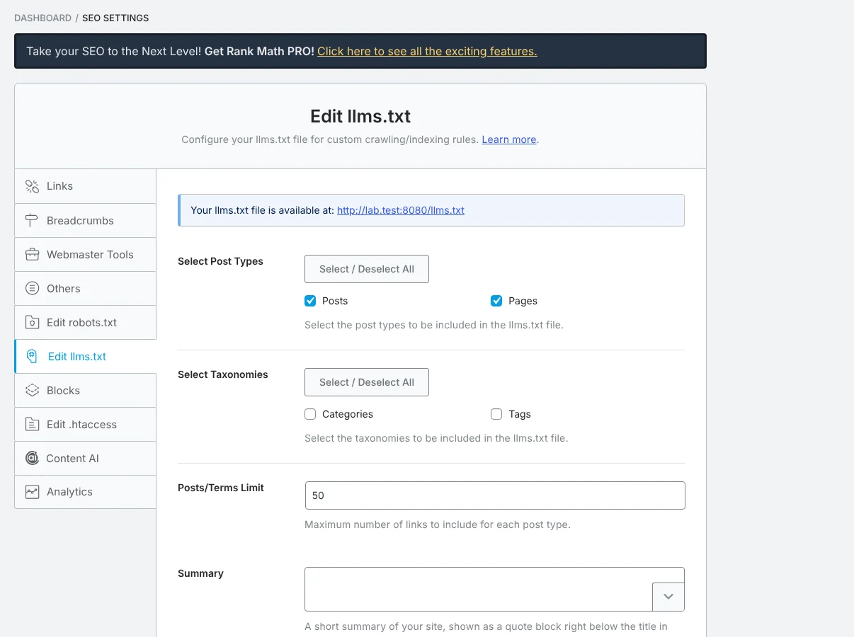 Rank Math's llms.txt tab on a fresh install: two post types selected, cap of 50